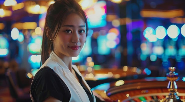 Tampilan close-up kartu blackjack dan chip taruhan di meja Wild West Gold